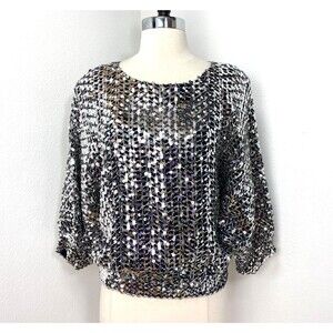 Vintage 80s Silver Sequin Blouse Med 3/4 Sleeves Cocktail Party Formal Evening